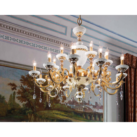 Lustre monumental en laiton doré à la feuille d'or et porcelaine de Limoges pour hôtel ou château Design Elaide 24 Lumières