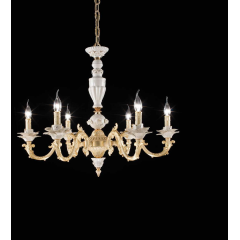 Lustre Chandelier en laiton doré à la feuilles d'or et porcelaine de Limoges pour hôtel ou château Design Marica 6 Lumières