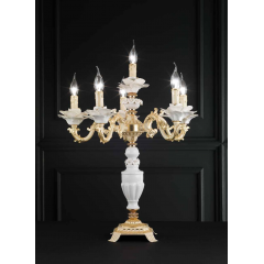 Chandelier de table en laiton doré à la feuilles d'or et porcelaine de Limoges pour hôtel ou château Design Marica 6 Lumières