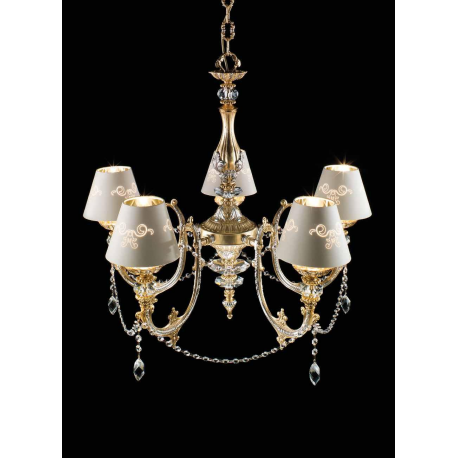 Lustre chandelier en laiton décoré aux feuilles d'or et argent, et cristal pour hôtel ou château Design Dominique 5 Lumières