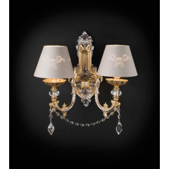 Applique 2 Bras en laiton décoré aux feuilles d'or et argent, et cristal pour hôtel ou château Design Dominique