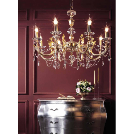 Lustre chandelier en Laiton doré aux feuilles d'or et d'argent, et cristal pour hôtel ou château Design Sonia 8 Lumières