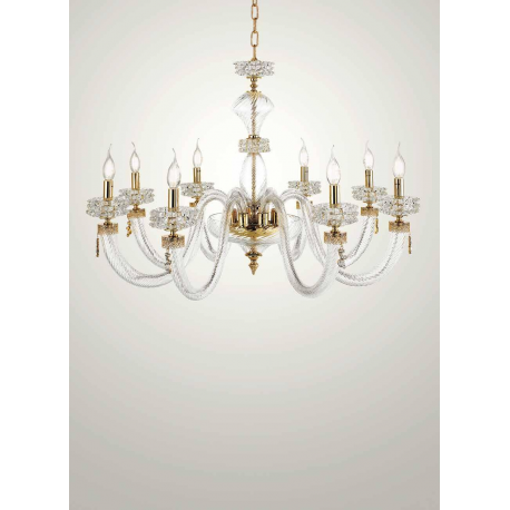 Lustre chandelier en verre artisanal fabriqué main et cristal pour hôtel ou château Design Anais 8 Lumières