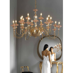 Lustre chandelier monumental en verre artisanal fabriqué main et cristal pour hôtel ou château Design Fleurs 24 Lumières