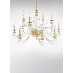 Lustre chandelier en verre artisanal fabriqué main et cristal pour hôtel ou château Design Gioia 12 Lumières