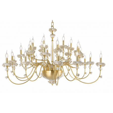 Lustre chandelier monumental en verre artisanal fabriqué main et porcelaine fine pour hôtel ou château Design Edith 30 Lumières