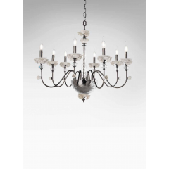 Lustre chandelier en verre artisanal fabriqué main et porcelaine fine pour hôtel ou château Design Edith 8 Lumières