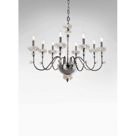 Lustre chandelier en verre artisanal fabriqué main et porcelaine fine pour hôtel ou château Design Edith 8 Lumières