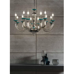 Lustre Chandelier monumental en verre soufflé artisanal pour hôtel ou château Design Morgana 12 Lumières